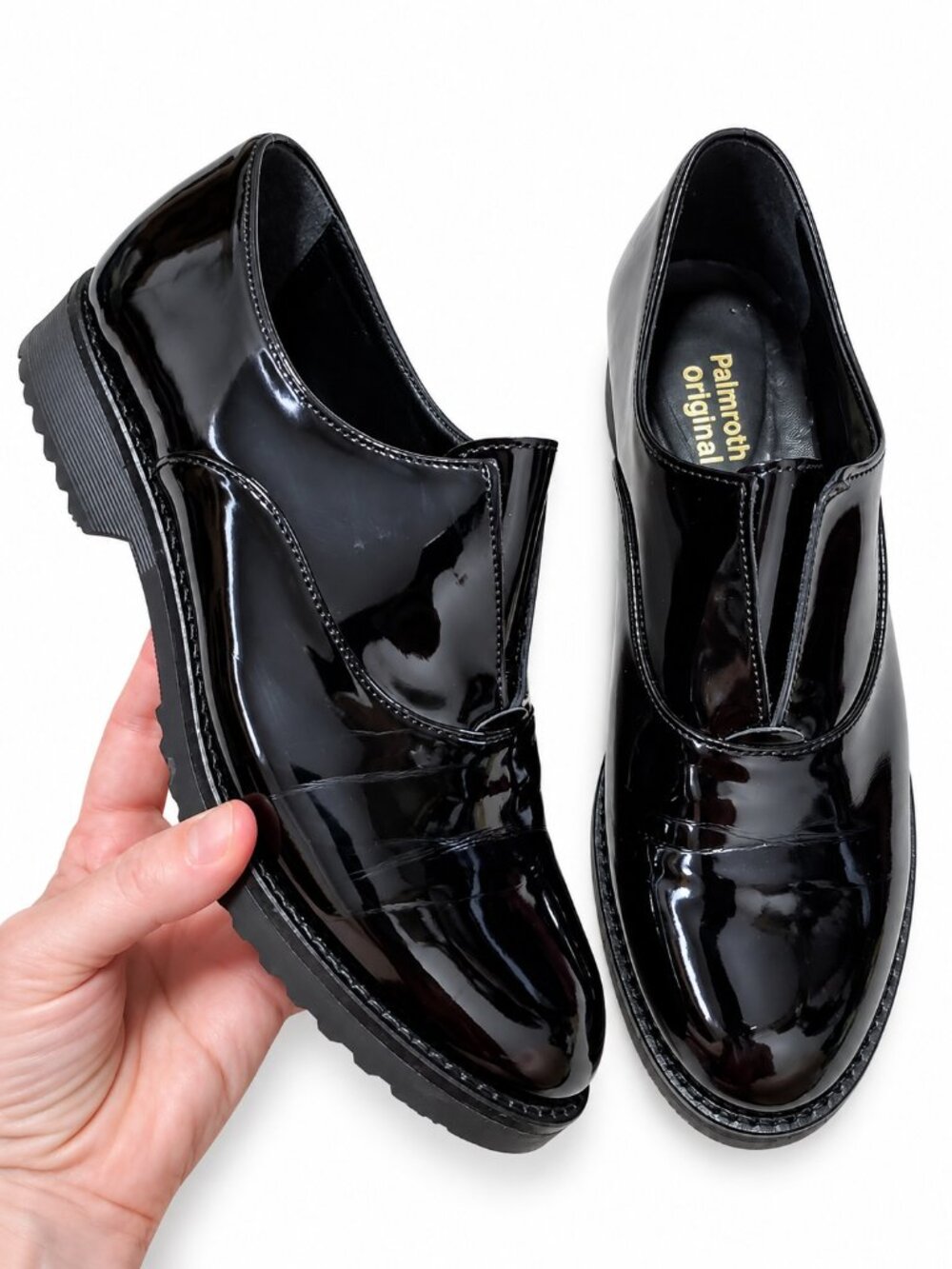PALMROTH ORIGINAL Patent Leather Loafers Oxfords Black Sz 9.5 Slip-On Lug Sole